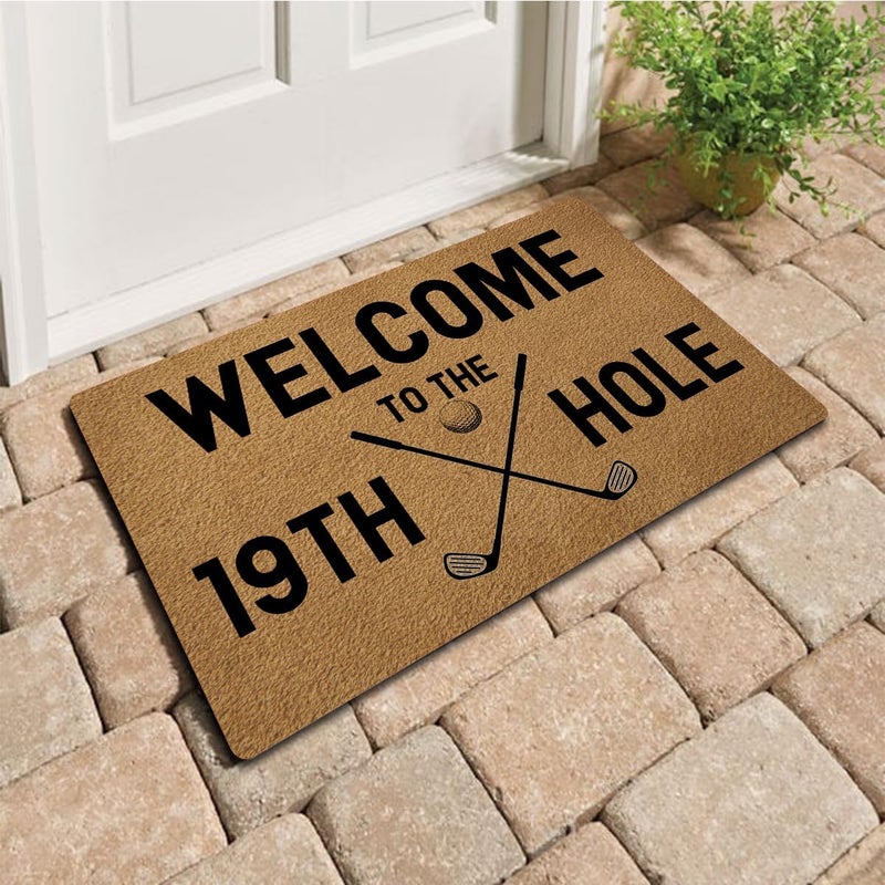 MELODADDY حصيرة ترحيب مضحكة مع ظهر مطاطي 18" (عرض) × 30" (طول) مرحبًا بكم في حفرة الجولف رقم 19 حصيرة مدخل مزخرفة لمداخل الأبواب الأمامية حصيرة مطاطية غير قابلة للانزلاق ديكور موضوع الجولف - Image 1
